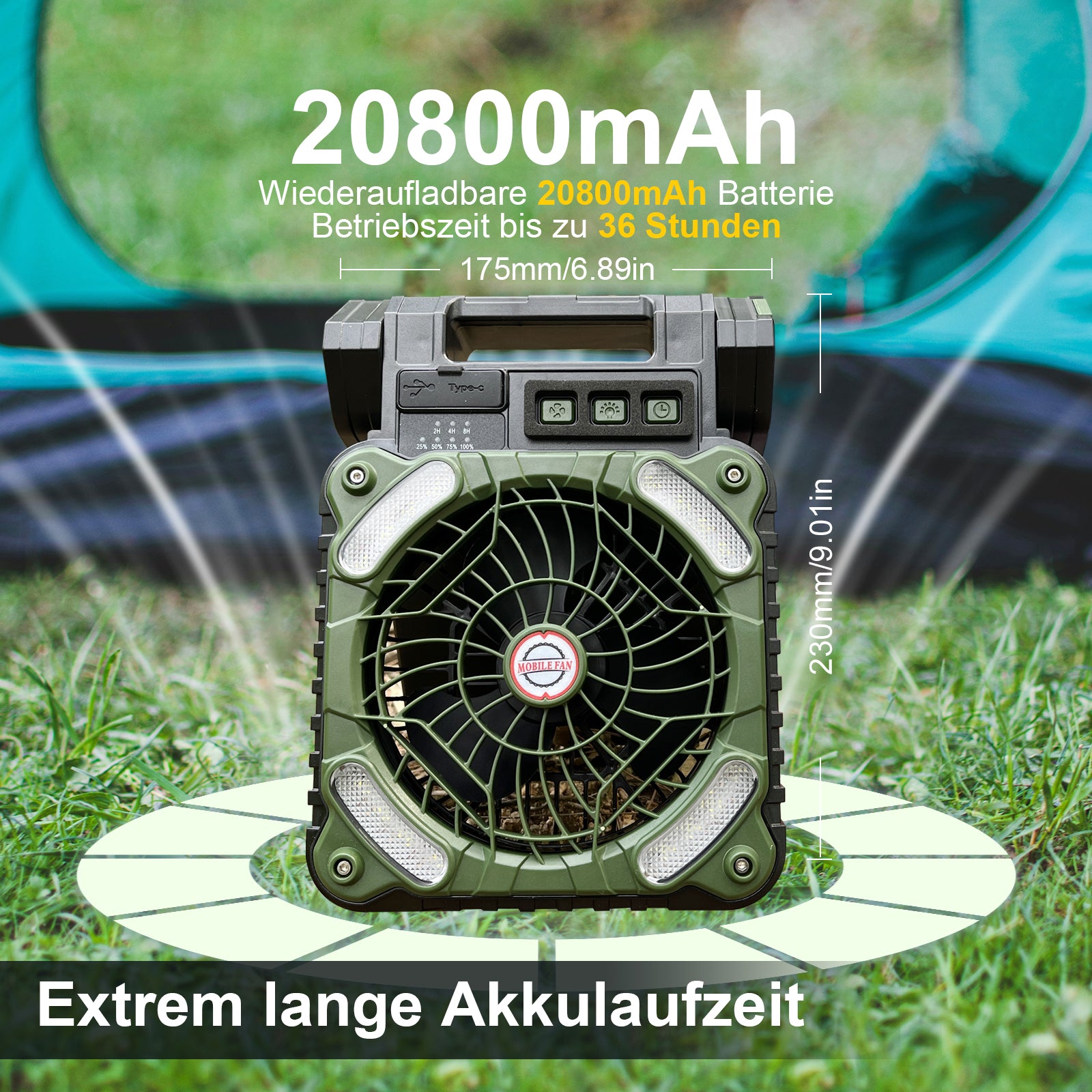 GY Tragbarer Solar Camping Ventilator mit LED Licht und Powerbank 20800mAh