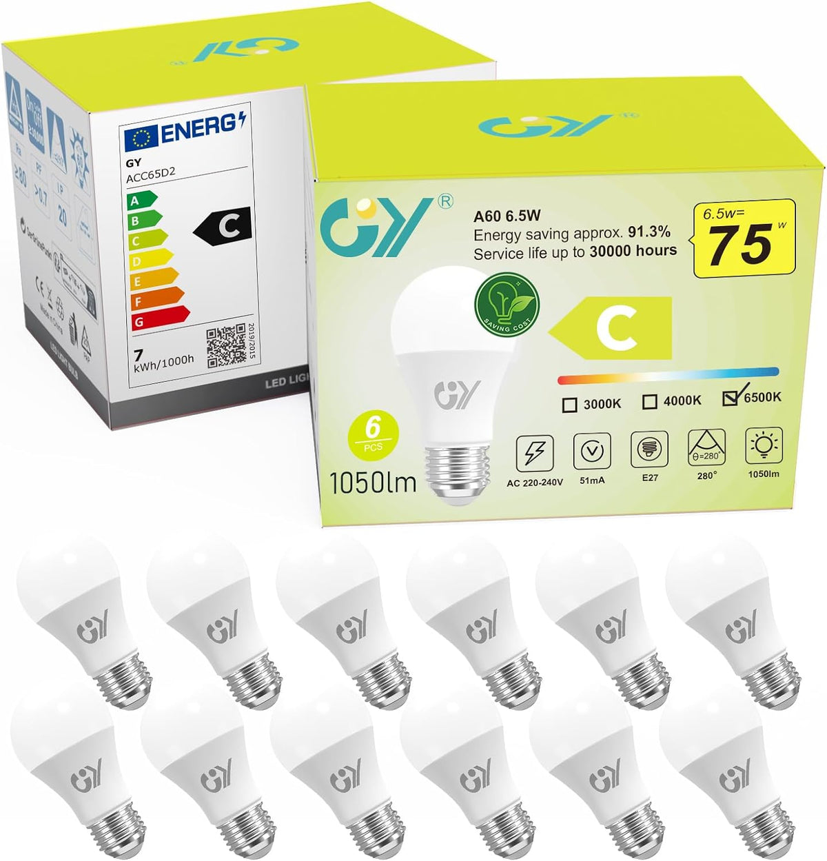 GY E27 A60 LED Lampe 6.5W 1050 Lumen Energieeffizienzklasse C